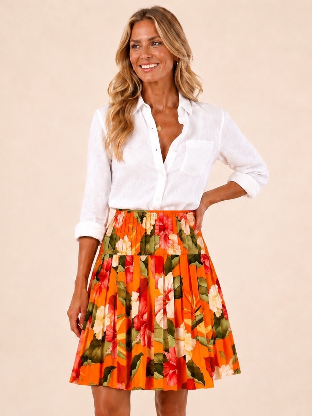 Tommy Bahama Birds of Paradise Floral Orange Pleated Silk Cotton Skirt Size 10